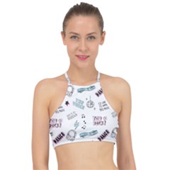 Music-themed-doodle-seamless-background Racer Front Bikini Top by Salman4z