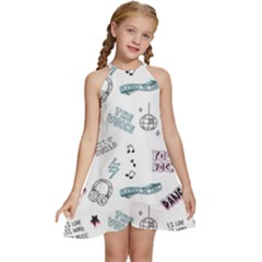 Music-themed-doodle-seamless-background Kids  Halter Collar Waist Tie Chiffon Dress by Salman4z