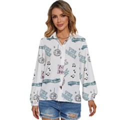 Music-themed-doodle-seamless-background Women s Long Sleeve Button Up Shirt