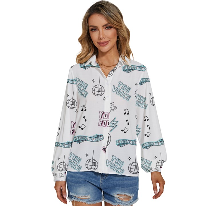 Music-themed-doodle-seamless-background Women s Long Sleeve Button Up Shirt