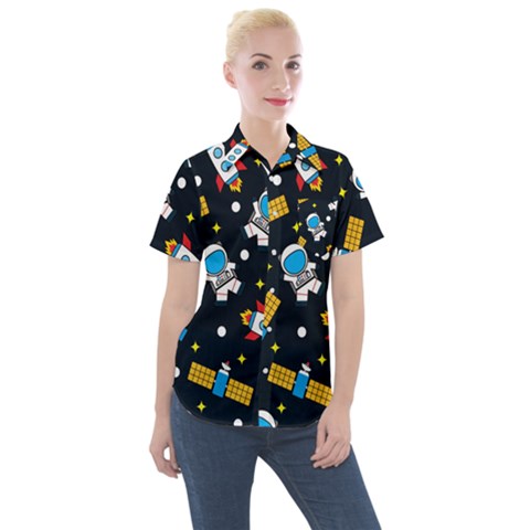 Seamless-adventure-space-vector-pattern-background Women s Short Sleeve Pocket Shirt by Salman4z