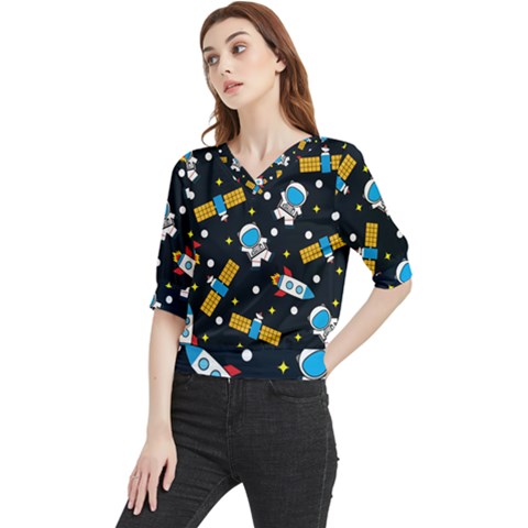 Seamless-adventure-space-vector-pattern-background Quarter Sleeve Blouse by Salman4z