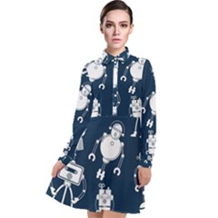 White-robot-blue-seamless-pattern Long Sleeve Chiffon Shirt Dress by Salman4z