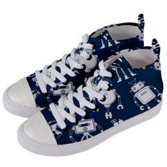 White-robot-blue-seamless-pattern Women s Mid-top Canvas Sneakers by Salman4z