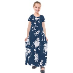 White-robot-blue-seamless-pattern Kids  Short Sleeve Maxi Dress by Salman4z