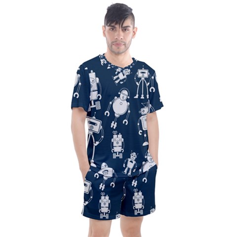 White-robot-blue-seamless-pattern Men s Mesh Tee And Shorts Set by Salman4z