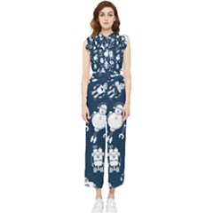 White-robot-blue-seamless-pattern Women s Frill Top Chiffon Jumpsuit by Salman4z