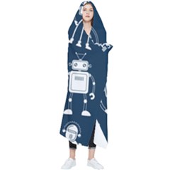 White-robot-blue-seamless-pattern Wearable Blanket by Salman4z