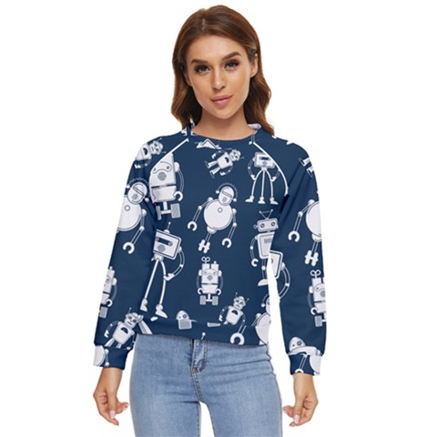 White-robot-blue-seamless-pattern Women s Long Sleeve Raglan Tee by Salman4z