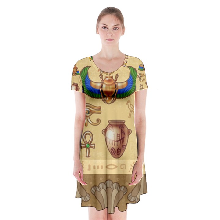 Egypt-horizontal-illustration Short Sleeve V-neck Flare Dress