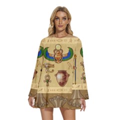 Egypt-horizontal-illustration Round Neck Long Sleeve Bohemian Style Chiffon Mini Dress by Salman4z