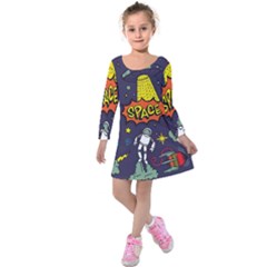 Vector-flat-space-design-background-with-text -- Kids  Long Sleeve Velvet Dress by Salman4z