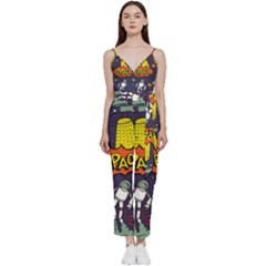 Vector-flat-space-design-background-with-text -- V-neck Spaghetti Strap Tie Front Jumpsuit by Salman4z