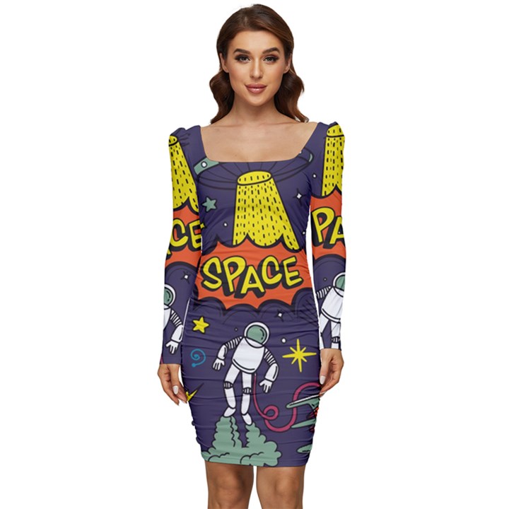 Vector-flat-space-design-background-with-text -- Women Long Sleeve Ruched Stretch Jersey Dress