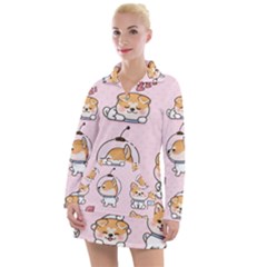 Set-kawaii-smile-japanese-dog-akita-inu-cartoon Women s Long Sleeve Casual Dress by Salman4z