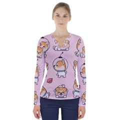 Set-kawaii-smile-japanese-dog-akita-inu-cartoon V-neck Long Sleeve Top by Salman4z