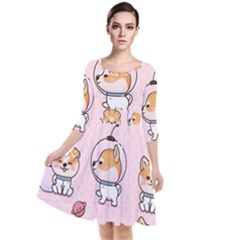 Set-kawaii-smile-japanese-dog-akita-inu-cartoon Quarter Sleeve Waist Band Dress by Salman4z