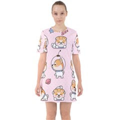 Set-kawaii-smile-japanese-dog-akita-inu-cartoon Sixties Short Sleeve Mini Dress by Salman4z