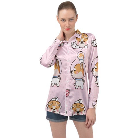 Set-kawaii-smile-japanese-dog-akita-inu-cartoon Long Sleeve Satin Shirt by Salman4z