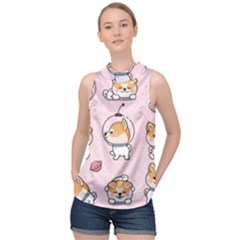 Set-kawaii-smile-japanese-dog-akita-inu-cartoon High Neck Satin Top by Salman4z