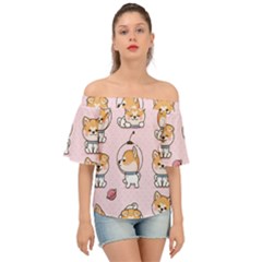 Set-kawaii-smile-japanese-dog-akita-inu-cartoon Off Shoulder Short Sleeve Top by Salman4z