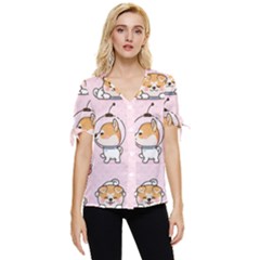 Set-kawaii-smile-japanese-dog-akita-inu-cartoon Bow Sleeve Button Up Top by Salman4z