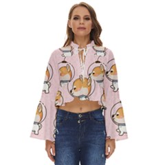 Set-kawaii-smile-japanese-dog-akita-inu-cartoon Boho Long Bell Sleeve Top by Salman4z