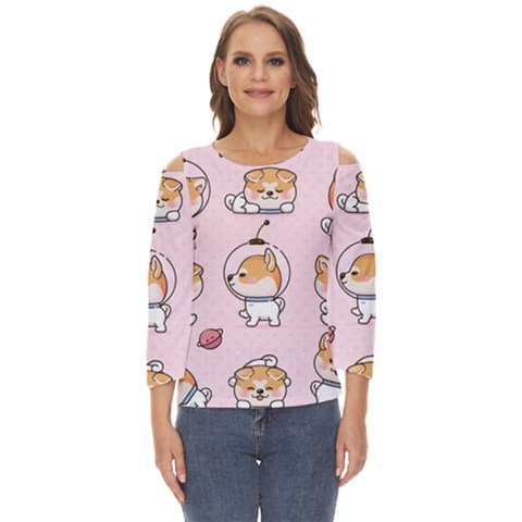 Set-kawaii-smile-japanese-dog-akita-inu-cartoon Cut Out Wide Sleeve Top by Salman4z