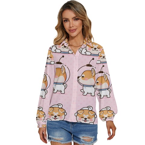 Set-kawaii-smile-japanese-dog-akita-inu-cartoon Women s Long Sleeve Button Up Shirt by Salman4z