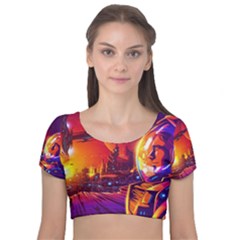 Far-future-human-colonization Velvet Short Sleeve Crop Top  by Salman4z