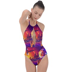 Far-future-human-colonization Plunge Cut Halter Swimsuit by Salman4z