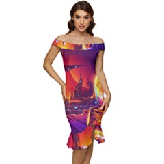 Far-future-human-colonization Off Shoulder Ruffle Split Hem Bodycon Dress by Salman4z