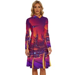 Far-future-human-colonization Long Sleeve Shirt Collar A-line Dress by Salman4z