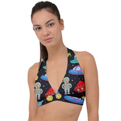 Seamless-pattern-with-space-objects-ufo-rockets-aliens-hand-drawn-elements-space Halter Plunge Bikini Top by Salman4z