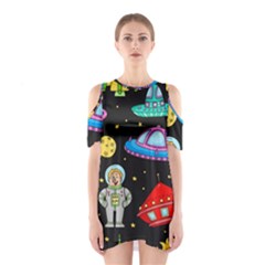 Seamless-pattern-with-space-objects-ufo-rockets-aliens-hand-drawn-elements-space Shoulder Cutout One Piece Dress by Salman4z