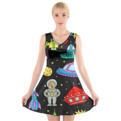 Seamless-pattern-with-space-objects-ufo-rockets-aliens-hand-drawn-elements-space V-neck Sleeveless Dress by Salman4z