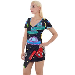 Seamless-pattern-with-space-objects-ufo-rockets-aliens-hand-drawn-elements-space Short Sleeve Asymmetric Mini Dress by Salman4z