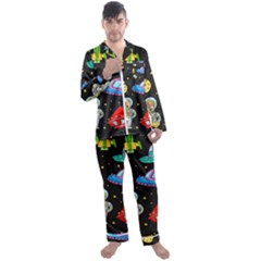 Seamless-pattern-with-space-objects-ufo-rockets-aliens-hand-drawn-elements-space Men s Long Sleeve Satin Pajamas Set by Salman4z