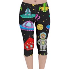 Seamless-pattern-with-space-objects-ufo-rockets-aliens-hand-drawn-elements-space Velvet Capri Leggings  by Salman4z