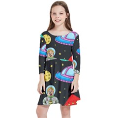 Seamless-pattern-with-space-objects-ufo-rockets-aliens-hand-drawn-elements-space Kids  Quarter Sleeve Skater Dress by Salman4z