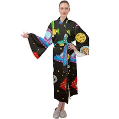 Seamless-pattern-with-space-objects-ufo-rockets-aliens-hand-drawn-elements-space Maxi Velvet Kimono by Salman4z