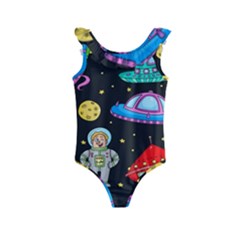 Seamless-pattern-with-space-objects-ufo-rockets-aliens-hand-drawn-elements-space Kids  Frill Swimsuit by Salman4z