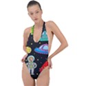 Seamless-pattern-with-space-objects-ufo-rockets-aliens-hand-drawn-elements-space Backless Halter One Piece Swimsuit View1