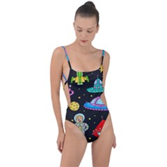 Seamless-pattern-with-space-objects-ufo-rockets-aliens-hand-drawn-elements-space Tie Strap One Piece Swimsuit by Salman4z