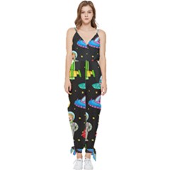 Seamless-pattern-with-space-objects-ufo-rockets-aliens-hand-drawn-elements-space Sleeveless Tie Ankle Chiffon Jumpsuit by Salman4z