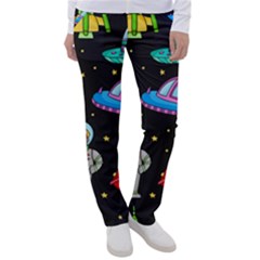 Seamless-pattern-with-space-objects-ufo-rockets-aliens-hand-drawn-elements-space Women s Casual Pants by Salman4z