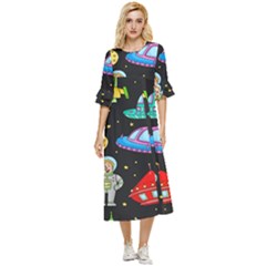 Seamless-pattern-with-space-objects-ufo-rockets-aliens-hand-drawn-elements-space Double Cuff Midi Dress by Salman4z