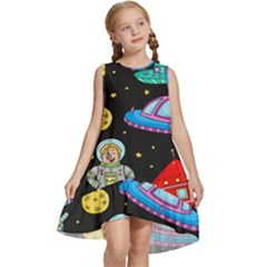 Seamless-pattern-with-space-objects-ufo-rockets-aliens-hand-drawn-elements-space Kids  Frill Swing Dress by Salman4z