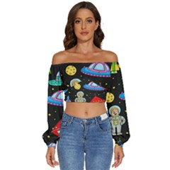 Seamless-pattern-with-space-objects-ufo-rockets-aliens-hand-drawn-elements-space Long Sleeve Crinkled Weave Crop Top by Salman4z