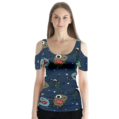 Monster-alien-pattern-seamless-background Butterfly Sleeve Cutout Tee  by Salman4z